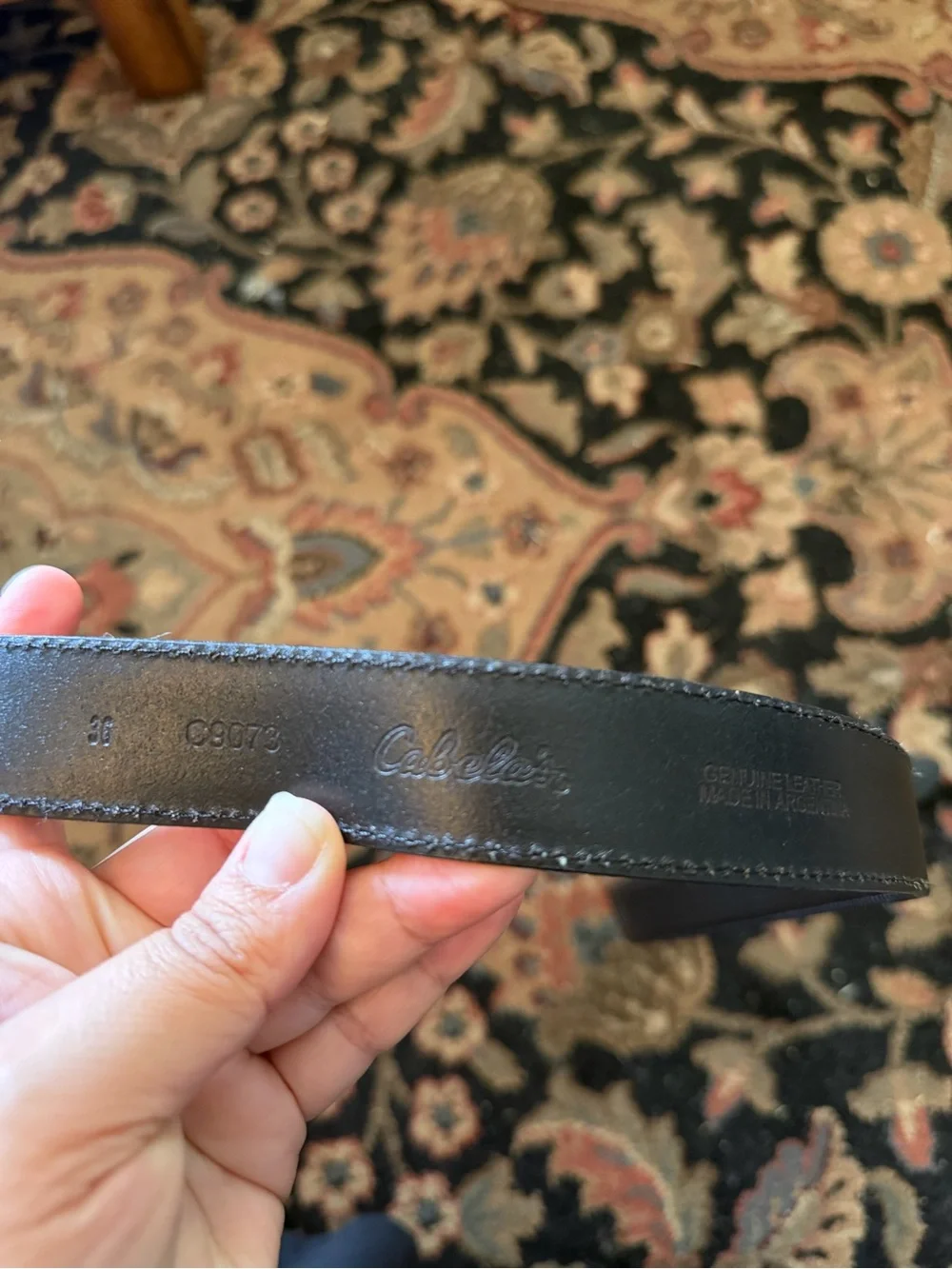 Cabelas Mens black leather belt with silver buckle